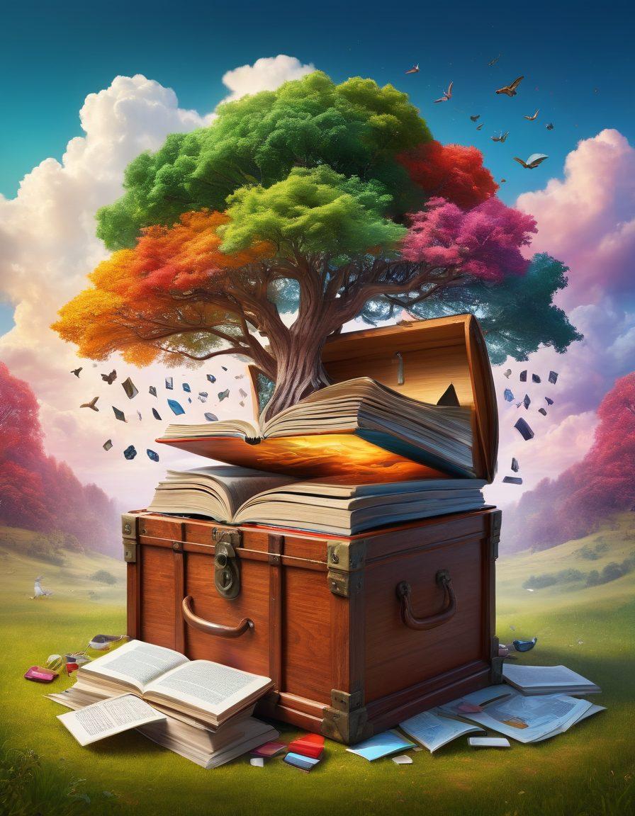 An open treasure chest overflowing with vibrant icons representing free resources like books, tools, and experiences. Surrounding the chest are various diverse individuals joyfully interacting with these resources, such as learning, sharing, and exploring. The background features a colorful, abstract landscape symbolizing a world of opportunities, filled with trees made of digital tools and clouds shaped like books. The overall atmosphere is joyful and inviting, radiating a sense of adventure and discovery. super-realistic. vibrant colors.