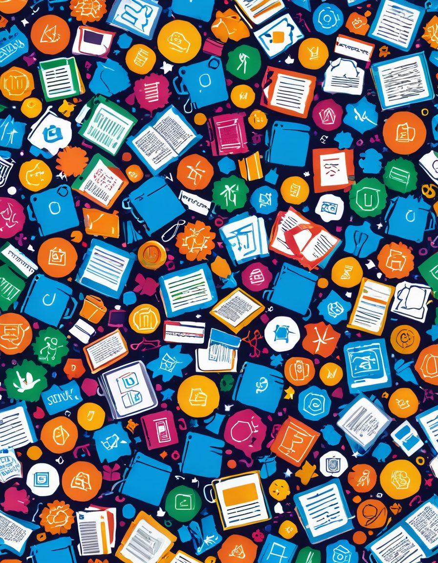 A vibrant collage of various free resources and tools, including colorful icons of software, books, and websites, layered over a bright background. Incorporate elements that represent different budgets, like stacks of coins and piggy banks, seamlessly blending with the tools. Show the diversity of users happily engaging with these resources, symbolizing inclusivity and access for everyone. The overall aesthetic is energetic and inviting. vector art. vibrant colors. white background.